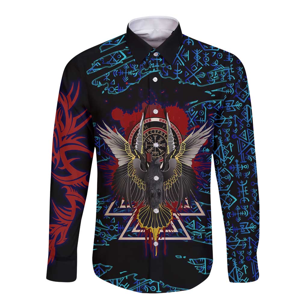 Odin Raven Viking Long Sleeve Button Shirt with Valknut and Runes Norse Mythology and Magic Tribute - Wonder Print Shop