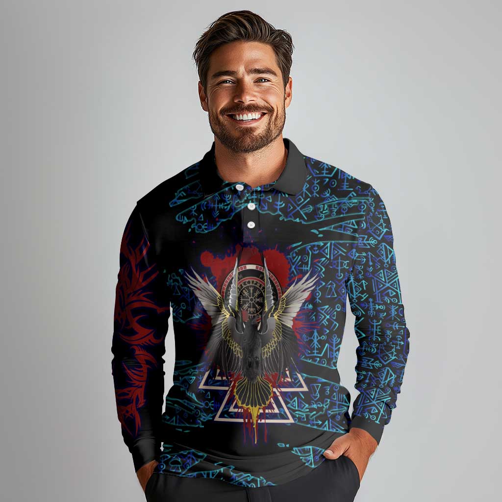 Odin Raven Viking Long Sleeve Polo Shirt with Valknut and Runes Norse Mythology and Magic Tribute - Wonder Print Shop