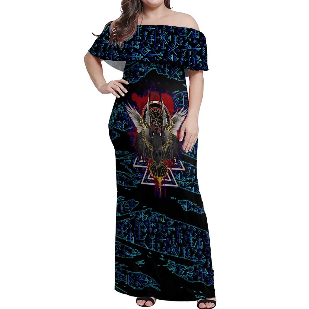 Odin Raven Viking Off Shoulder Maxi Dress with Valknut and Runes Norse Mythology and Magic Tribute - Wonder Print Shop