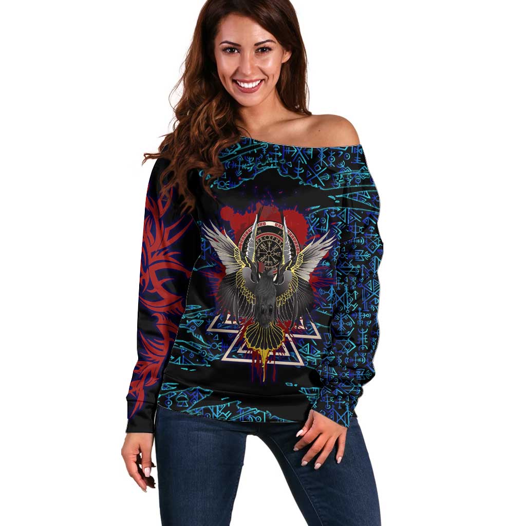 Odin Raven Viking Off Shoulder Sweater with Valknut and Runes Norse Mythology and Magic Tribute - Wonder Print Shop