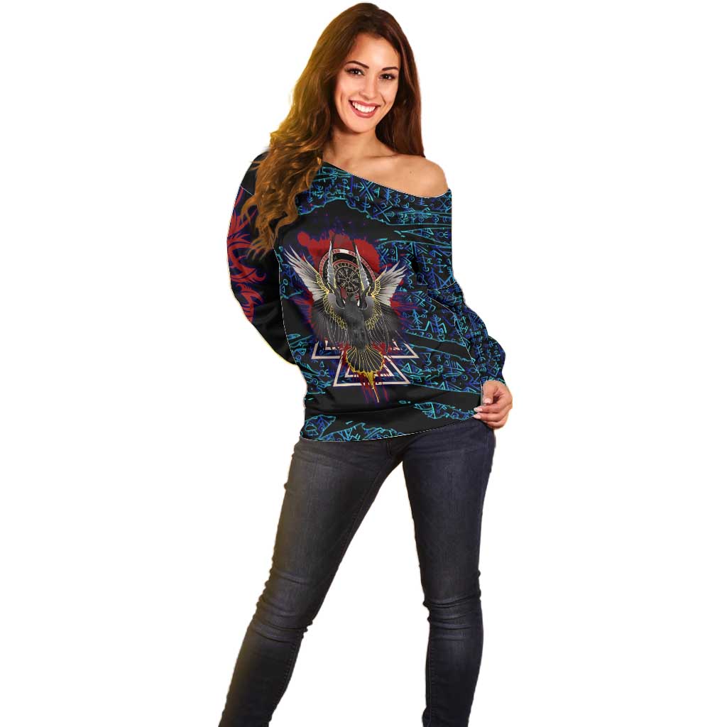 Odin Raven Viking Off Shoulder Sweater with Valknut and Runes Norse Mythology and Magic Tribute - Wonder Print Shop