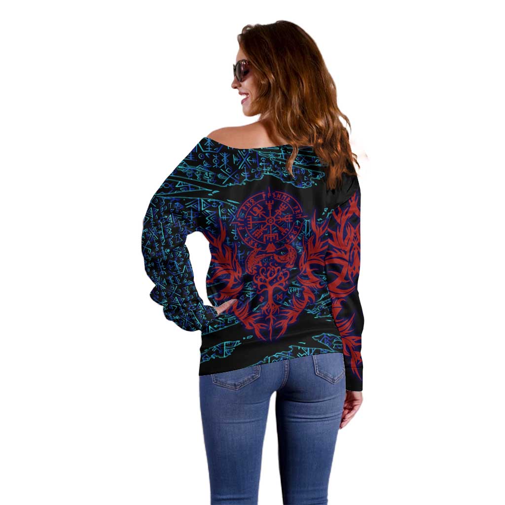 Odin Raven Viking Off Shoulder Sweater with Valknut and Runes Norse Mythology and Magic Tribute - Wonder Print Shop