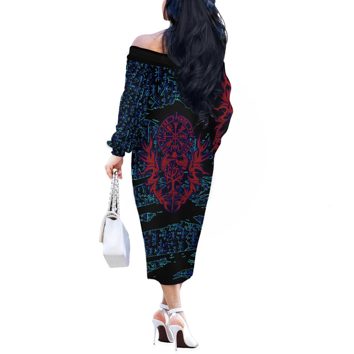Odin Raven Viking Off The Shoulder Long Sleeve Dress with Valknut and Runes Norse Mythology and Magic Tribute - Wonder Print Shop