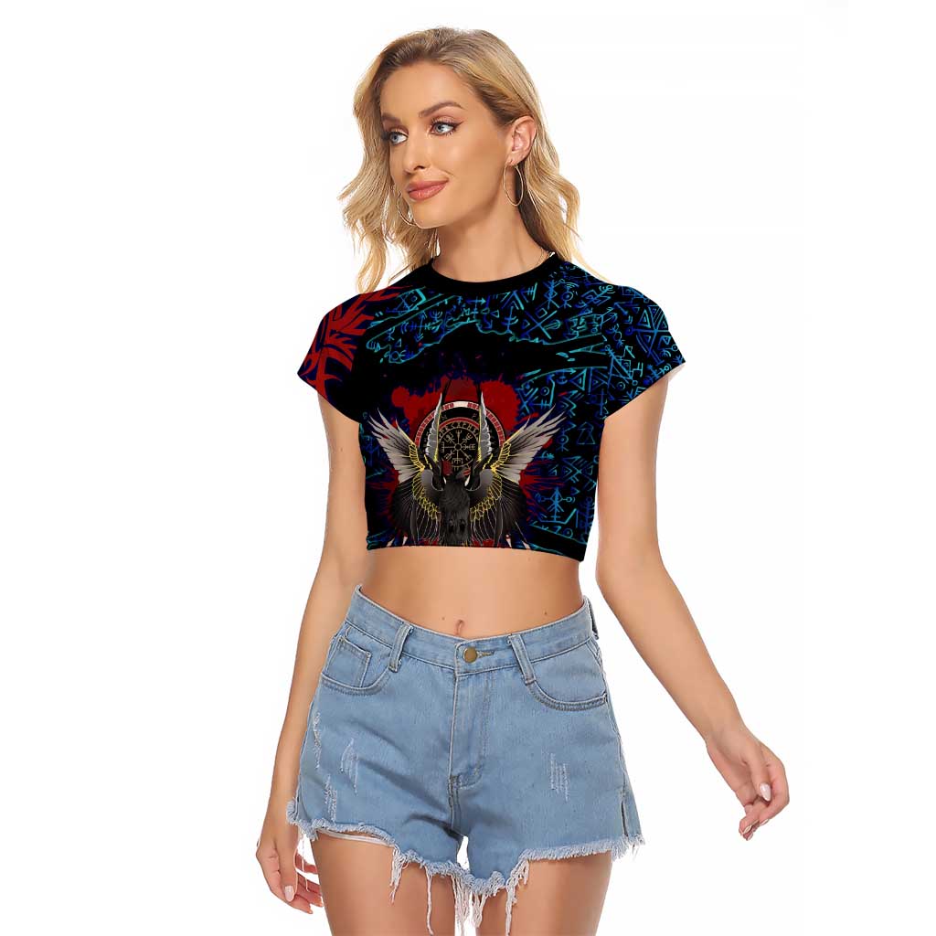 Odin Raven Viking Raglan Cropped T Shirt with Valknut and Runes Norse Mythology and Magic Tribute - Wonder Print Shop