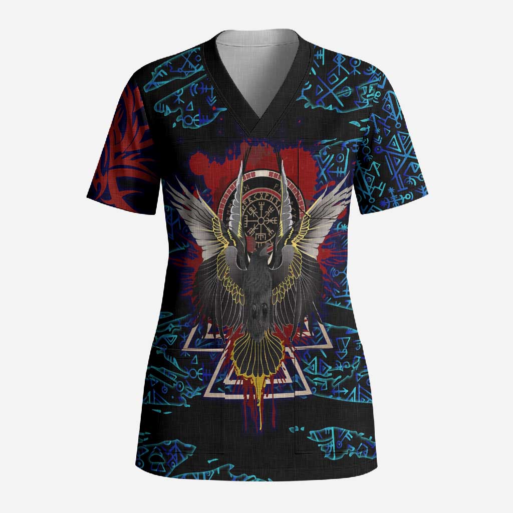 Odin Raven Viking Scrub Top with Valknut and Runes Norse Mythology and Magic Tribute - Wonder Print Shop