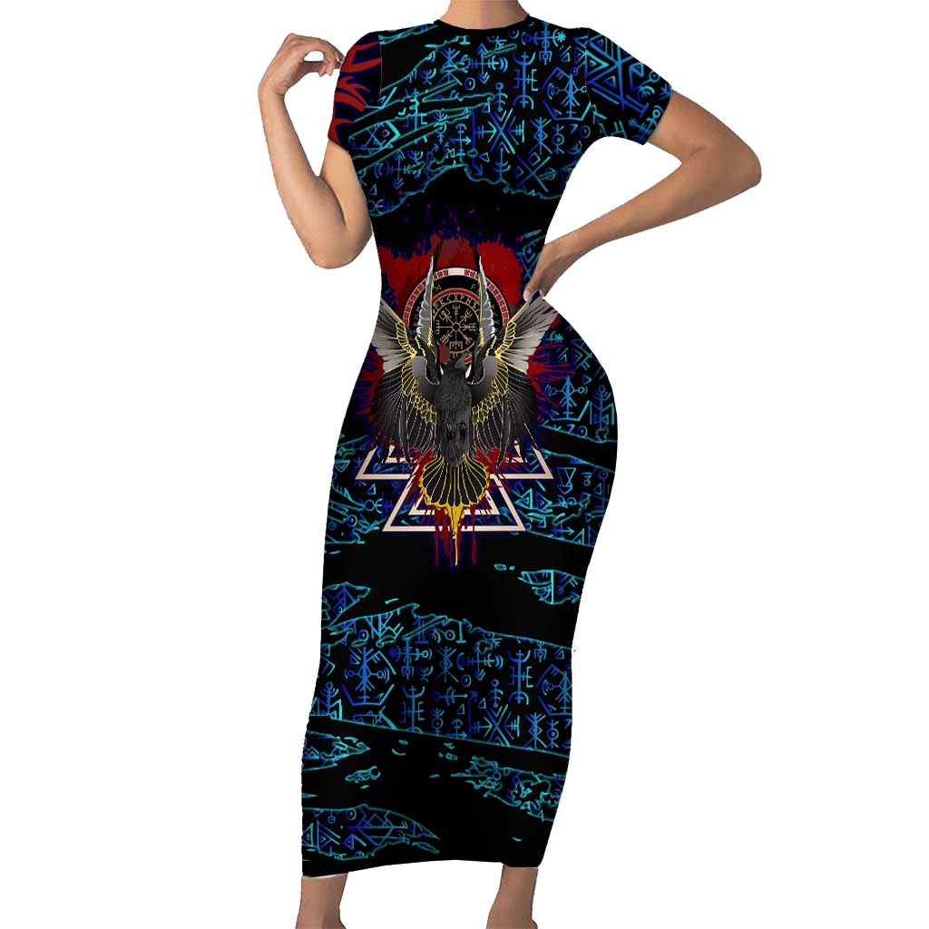 Odin Raven Viking Short Sleeve Bodycon Dress with Valknut and Runes Norse Mythology and Magic Tribute - Wonder Print Shop