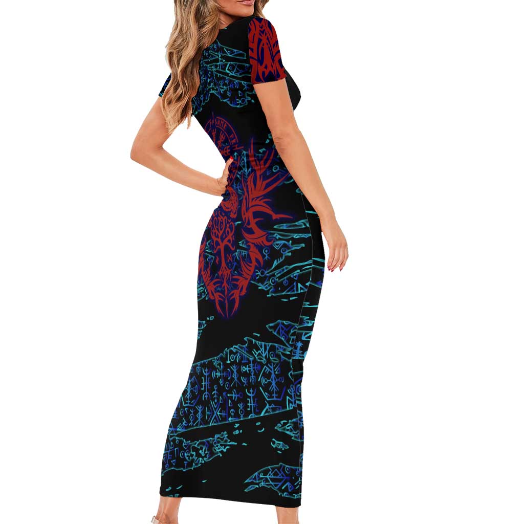 Odin Raven Viking Short Sleeve Bodycon Dress with Valknut and Runes Norse Mythology and Magic Tribute - Wonder Print Shop