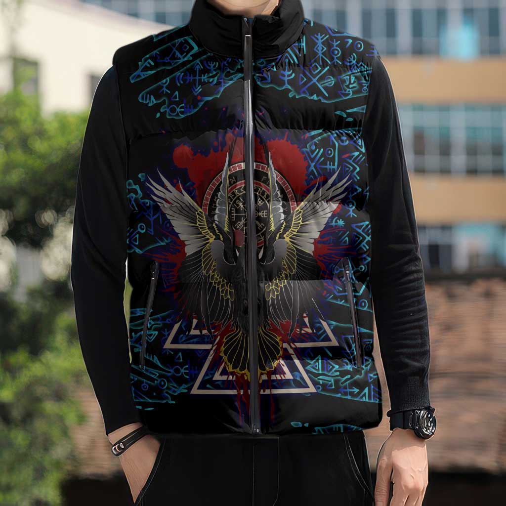 Odin Raven Viking Sleeveless Puffer Jacket with Valknut and Runes Norse Mythology and Magic Tribute - Wonder Print Shop