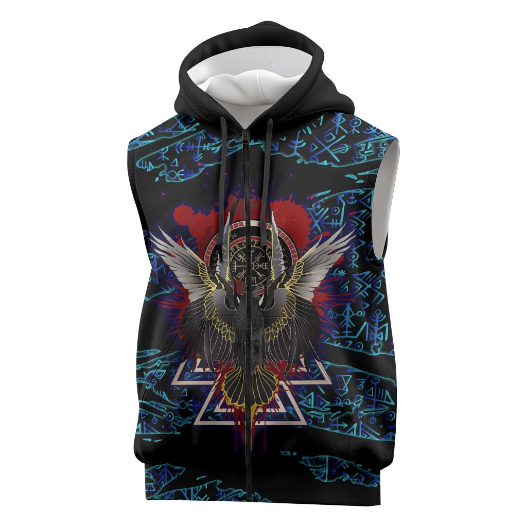 Odin Raven Viking Sleeveless Zip Hoodie with Valknut and Runes Norse Mythology and Magic Tribute - Wonder Print Shop