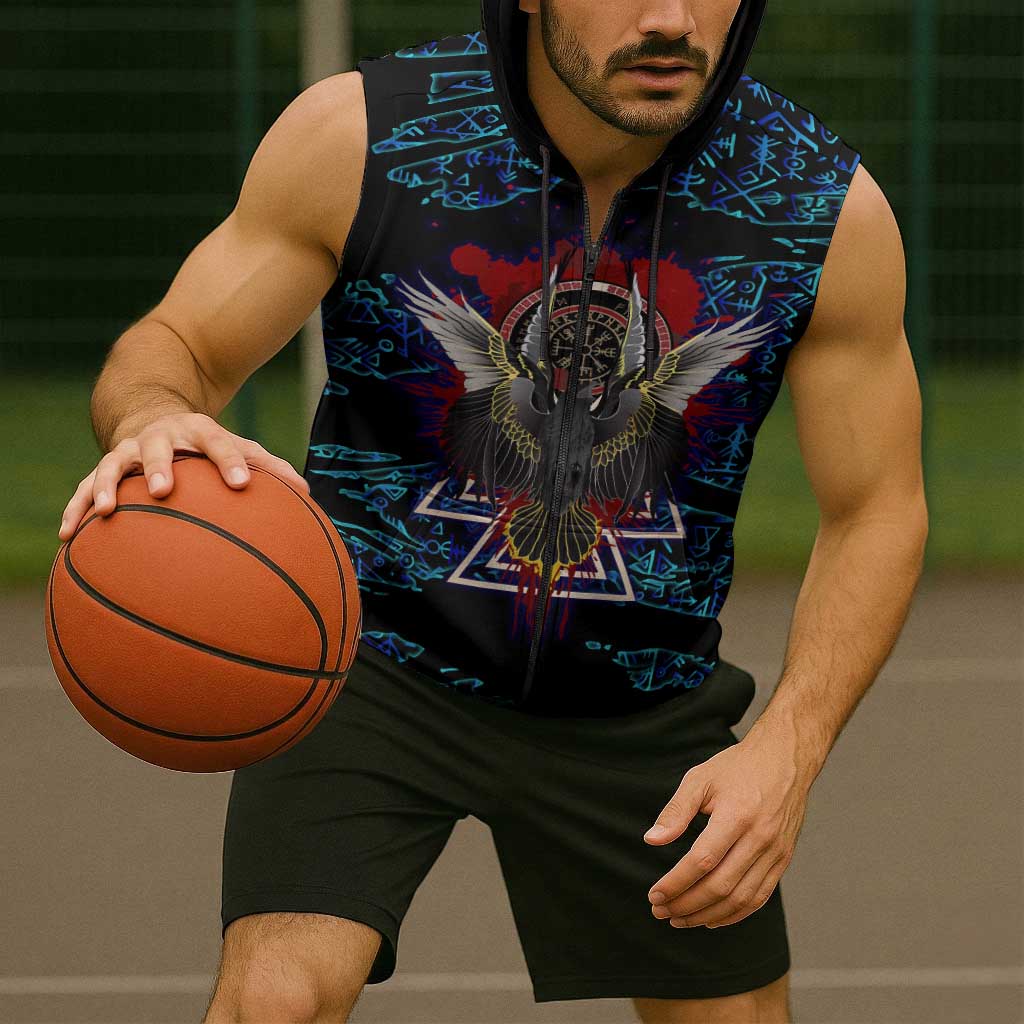 Odin Raven Viking Sleeveless Zip Hoodie with Valknut and Runes Norse Mythology and Magic Tribute - Wonder Print Shop