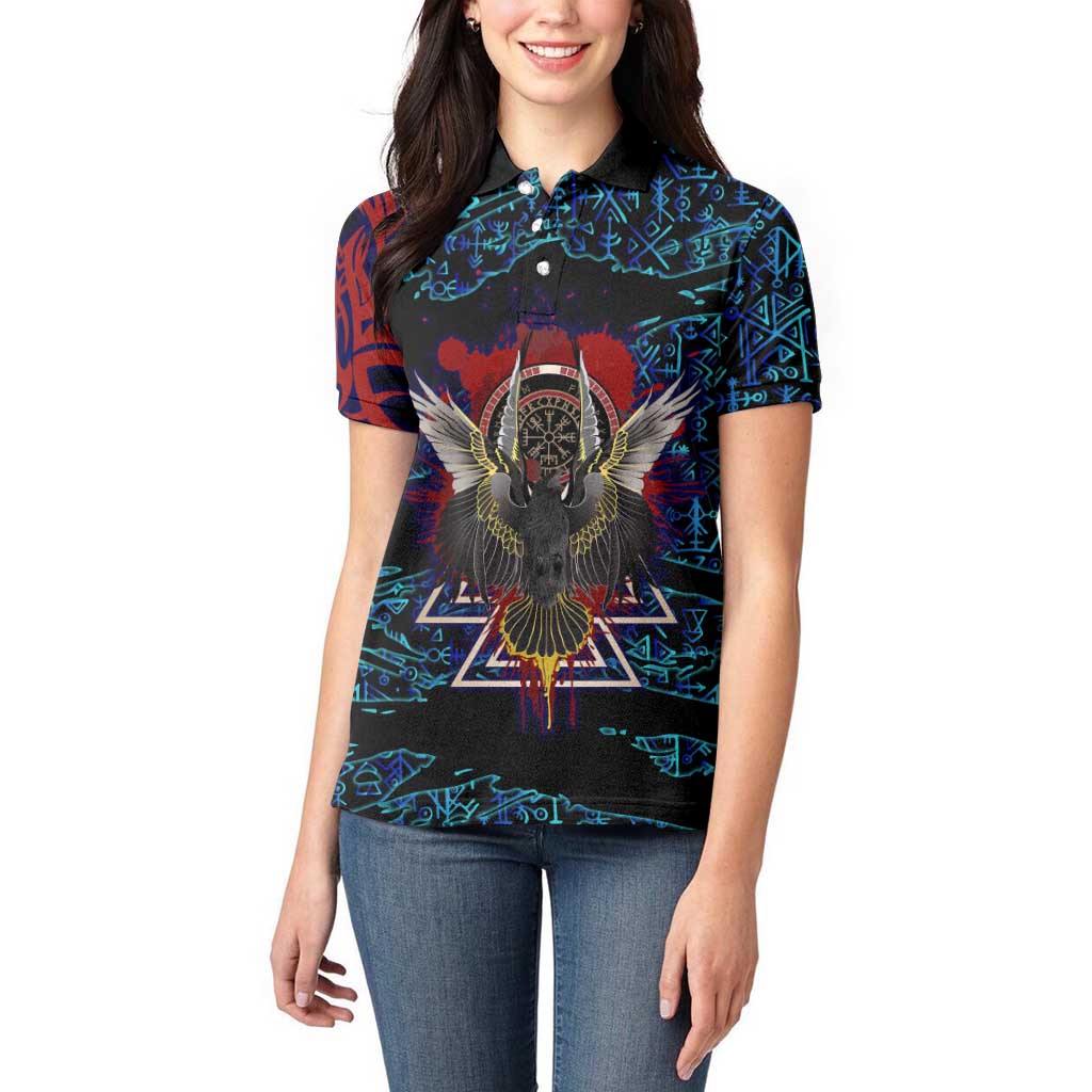 Odin Raven Viking Women Polo Shirt with Valknut and Runes Norse Mythology and Magic Tribute - Wonder Print Shop