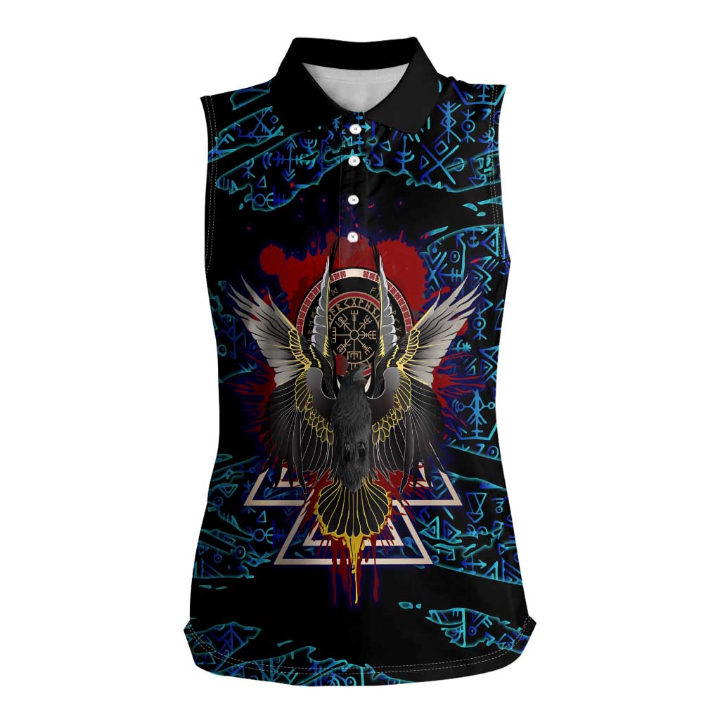 Odin Raven Viking Women Sleeveless Polo Shirt with Valknut and Runes Norse Mythology and Magic Tribute - Wonder Print Shop