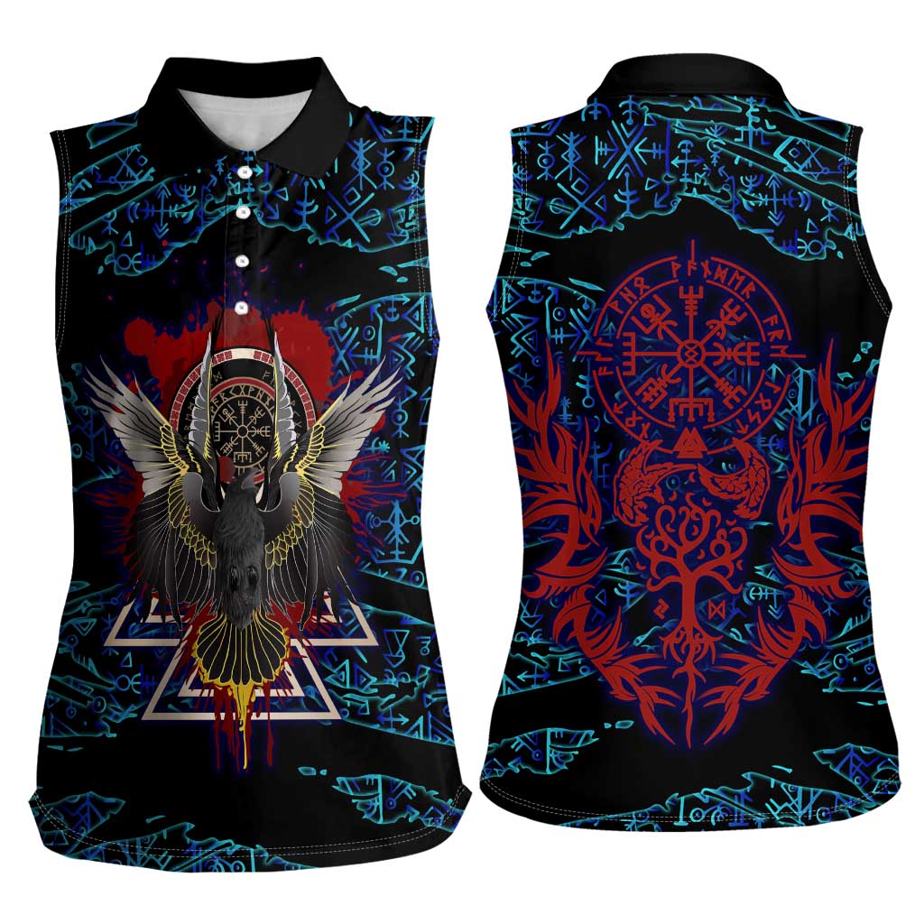 Odin Raven Viking Women Sleeveless Polo Shirt with Valknut and Runes Norse Mythology and Magic Tribute - Wonder Print Shop