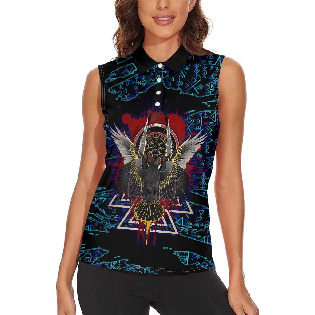 Odin Raven Viking Women Sleeveless Polo Shirt with Valknut and Runes Norse Mythology and Magic Tribute - Wonder Print Shop