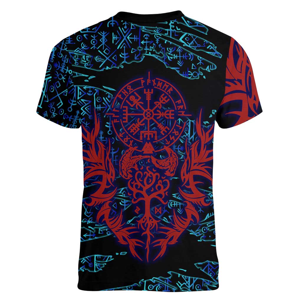 Odin Raven Viking Women V-Neck T-Shirt with Valknut and Runes Norse Mythology and Magic Tribute - Wonder Print Shop