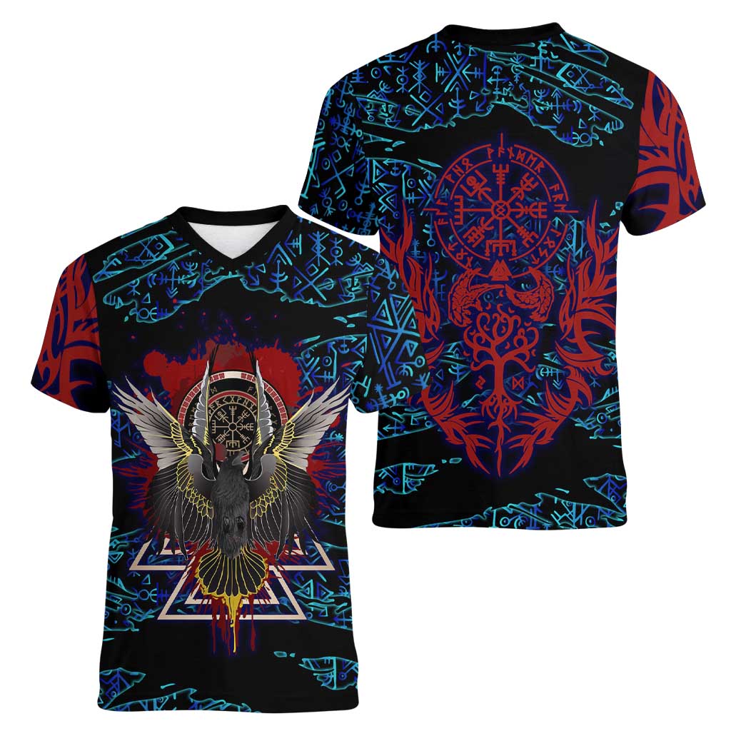Odin Raven Viking Women V-Neck T-Shirt with Valknut and Runes Norse Mythology and Magic Tribute - Wonder Print Shop