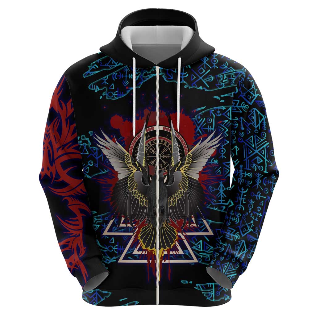 Odin Raven Viking Zip Hoodie with Valknut and Runes Norse Mythology and Magic Tribute - Wonder Print Shop