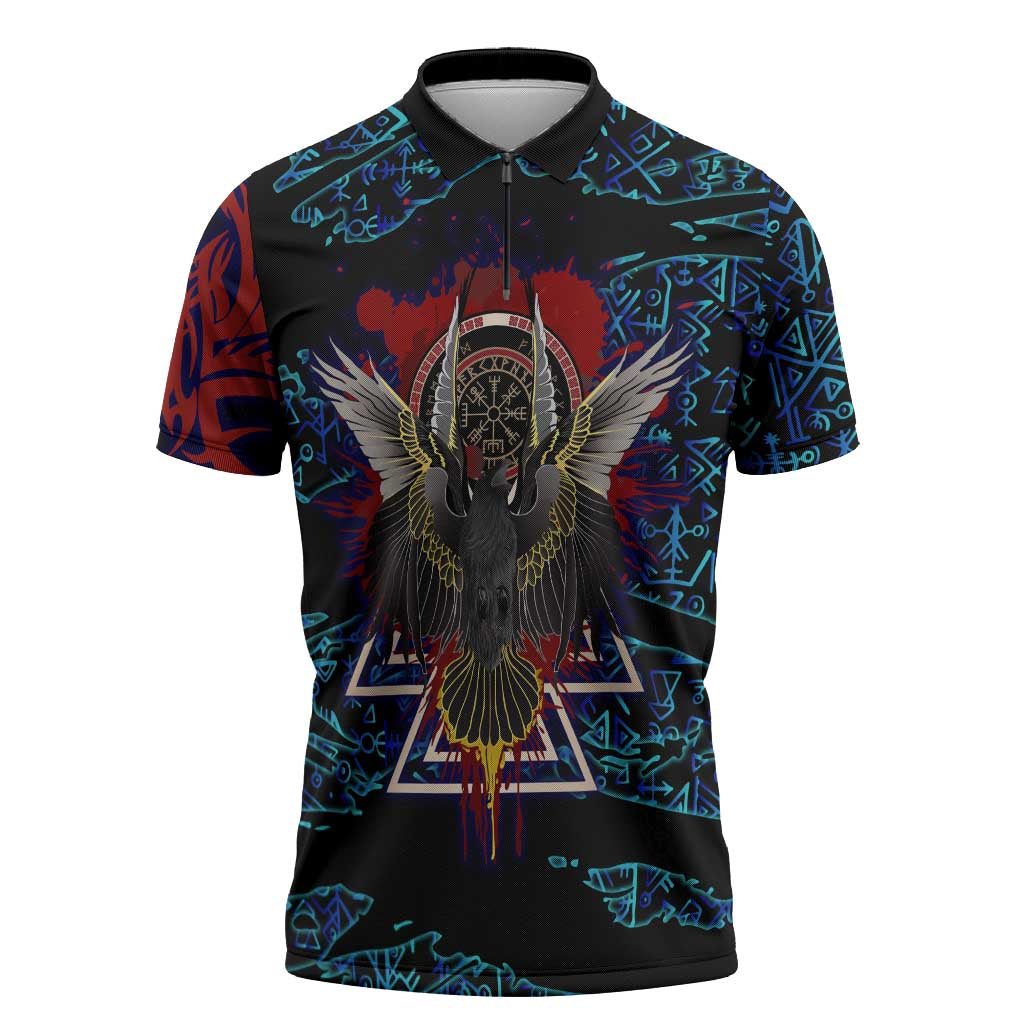 Odin Raven Viking Zipper Polo Shirt with Valknut and Runes Norse Mythology and Magic Tribute - Wonder Print Shop