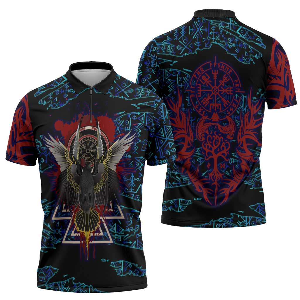 Odin Raven Viking Zipper Polo Shirt with Valknut and Runes Norse Mythology and Magic Tribute - Wonder Print Shop
