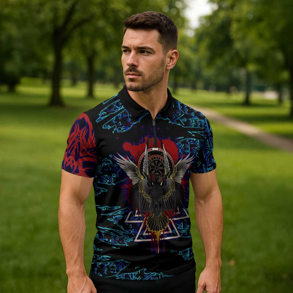 Odin Raven Viking Zipper Polo Shirt with Valknut and Runes Norse Mythology and Magic Tribute - Wonder Print Shop