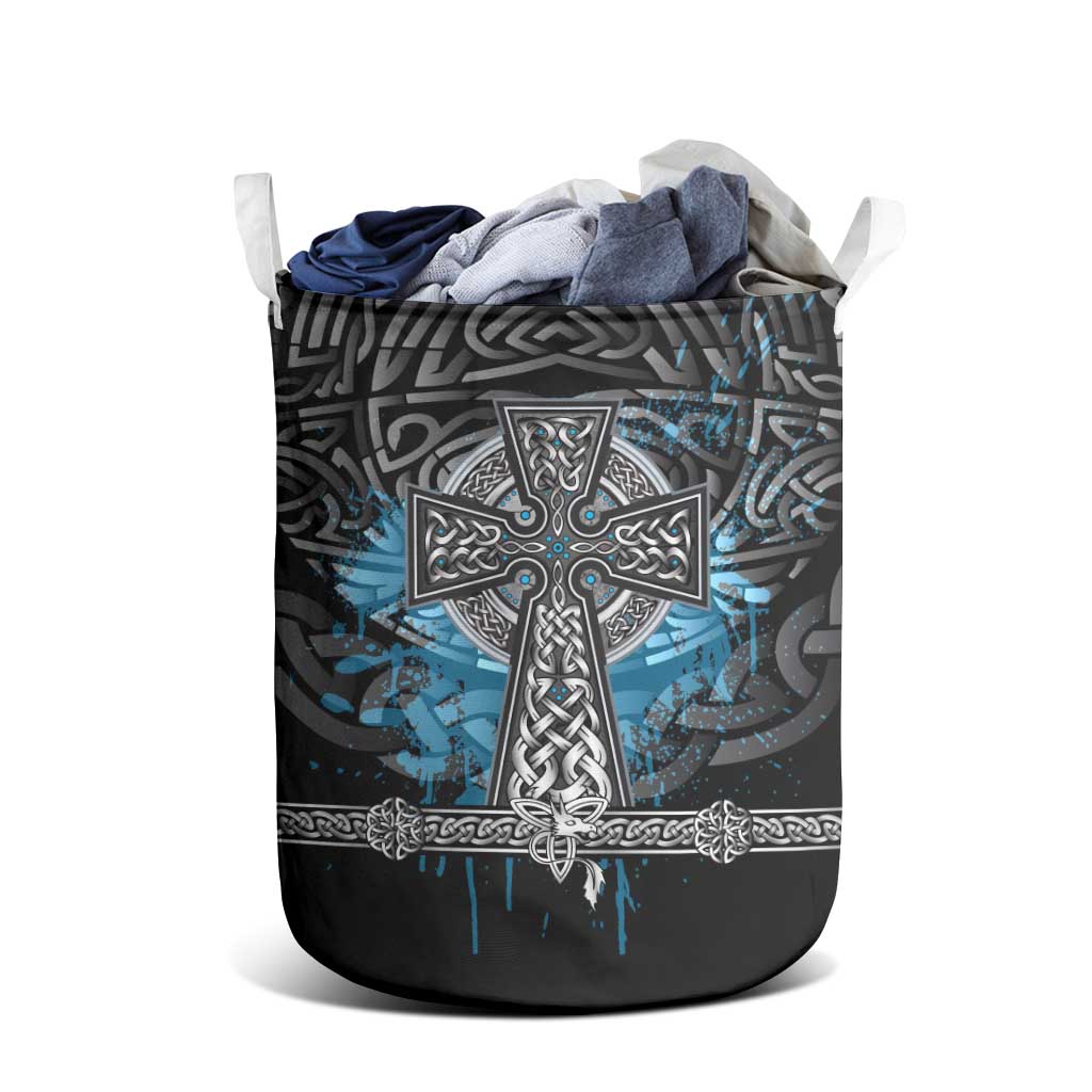 Thor Hammer Viking Laundry Basket with Celtic Knots and Blue Splatter Norse Heritage Tribute - Wonder Print Shop