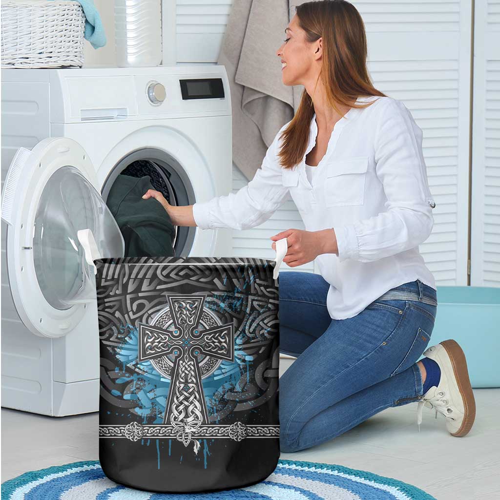 Thor Hammer Viking Laundry Basket with Celtic Knots and Blue Splatter Norse Heritage Tribute - Wonder Print Shop