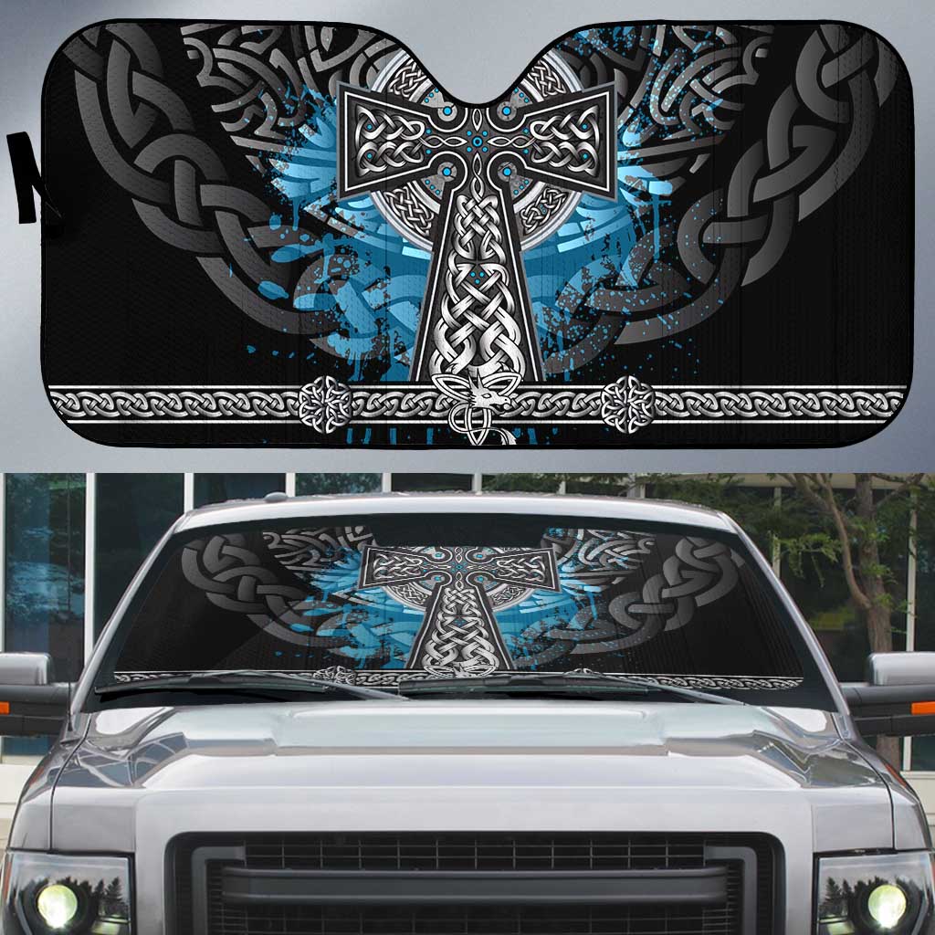 Thor Hammer Viking Auto Sun Shade with Celtic Knots and Blue Splatter Norse Heritage Tribute - Wonder Print Shop