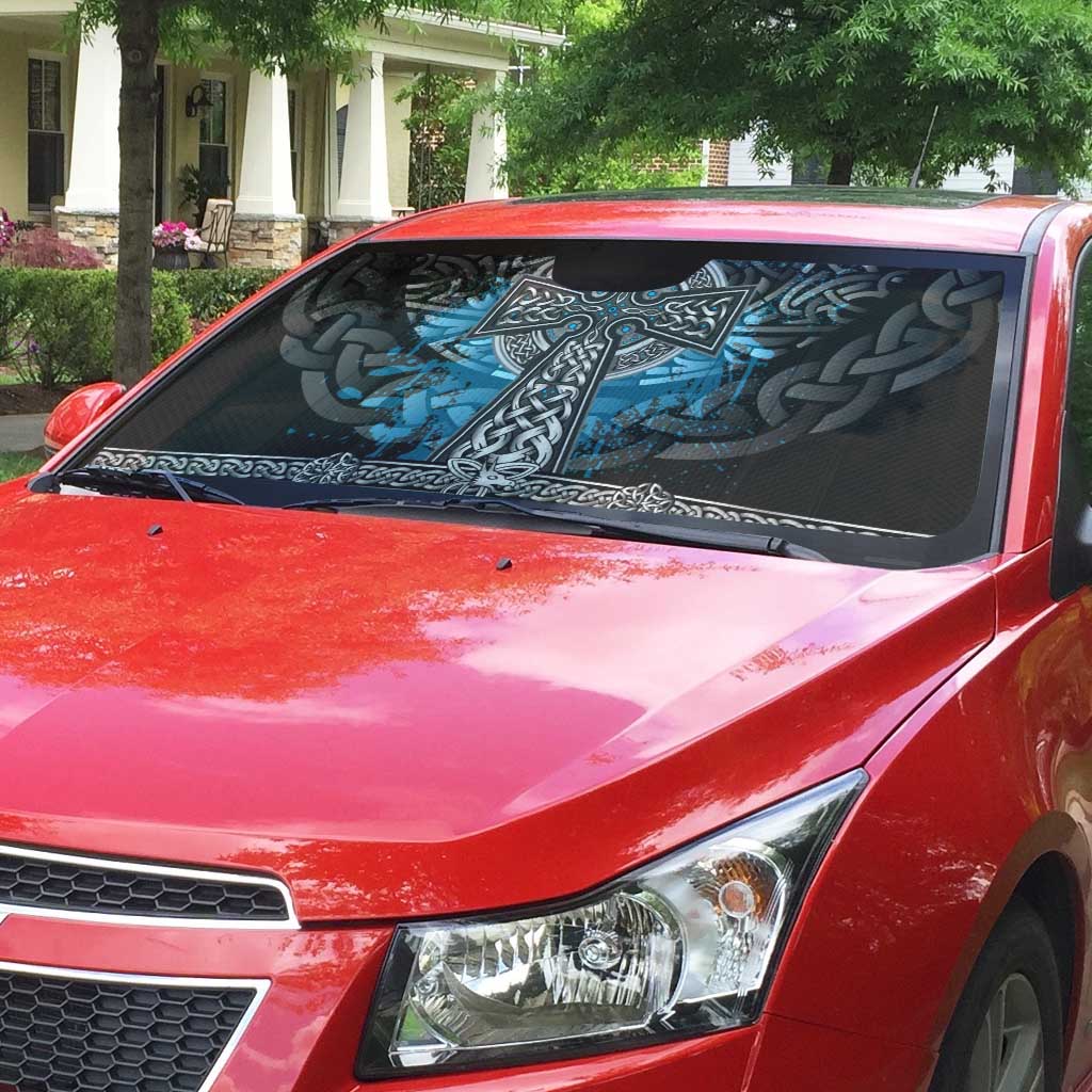 Thor Hammer Viking Auto Sun Shade with Celtic Knots and Blue Splatter Norse Heritage Tribute - Wonder Print Shop