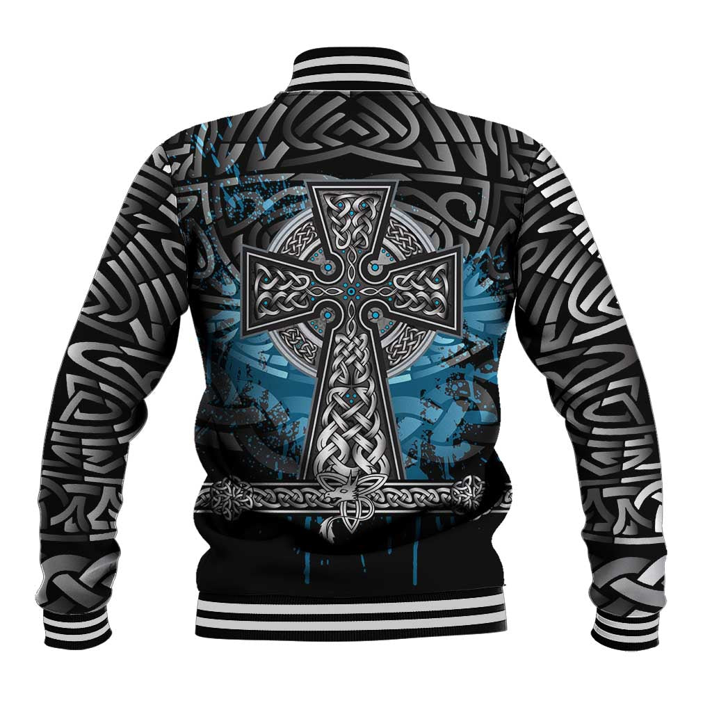 Thor Hammer Viking Baseball Jacket with Celtic Knots and Blue Splatter Norse Heritage Tribute - Wonder Print Shop