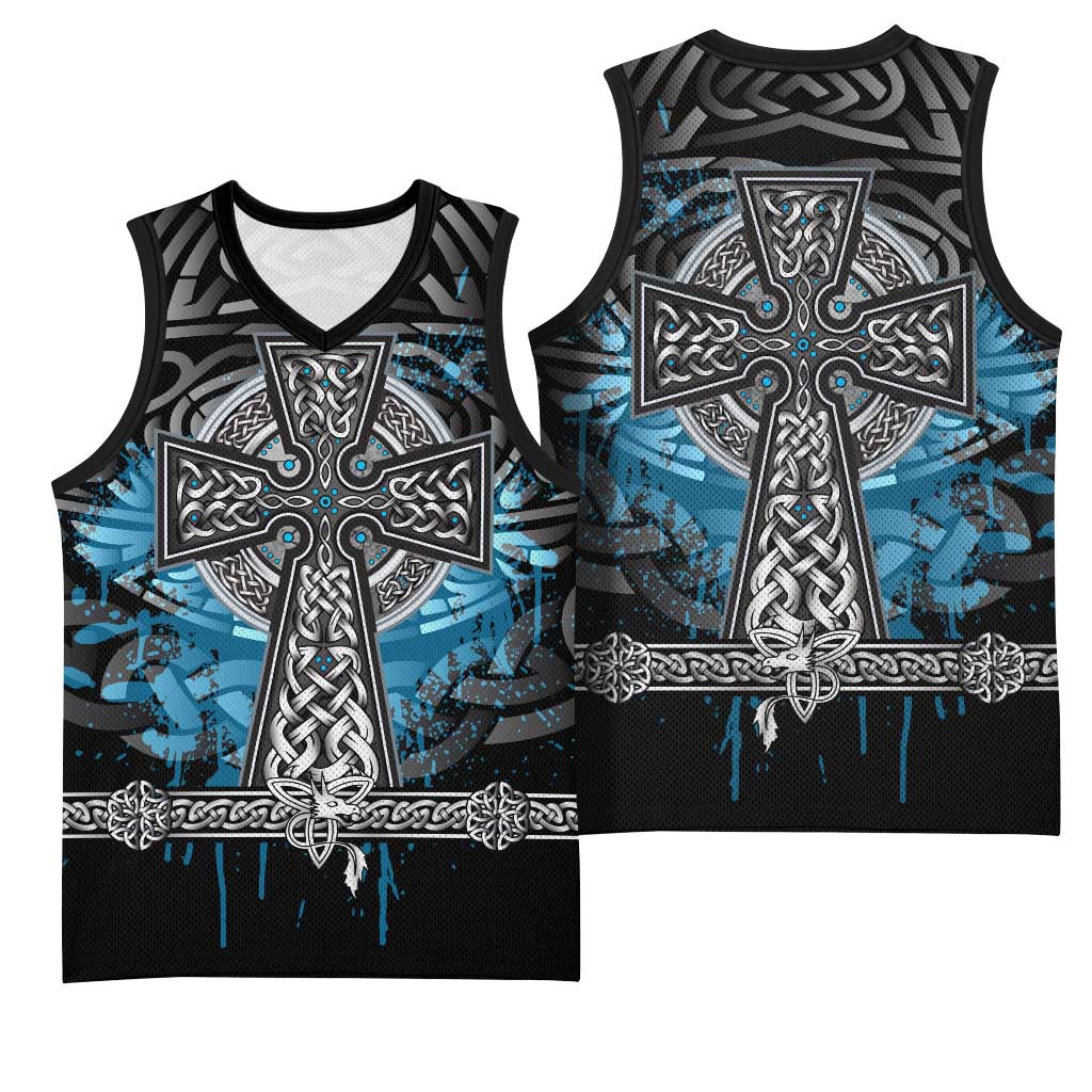 Thor Hammer Viking Basketball Jersey with Celtic Knots and Blue Splatter Norse Heritage Tribute - Wonder Print Shop
