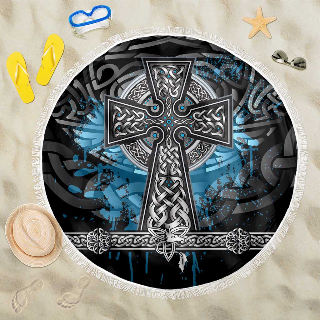 Thor Hammer Viking Beach Blanket with Celtic Knots and Blue Splatter Norse Heritage Tribute - Wonder Print Shop