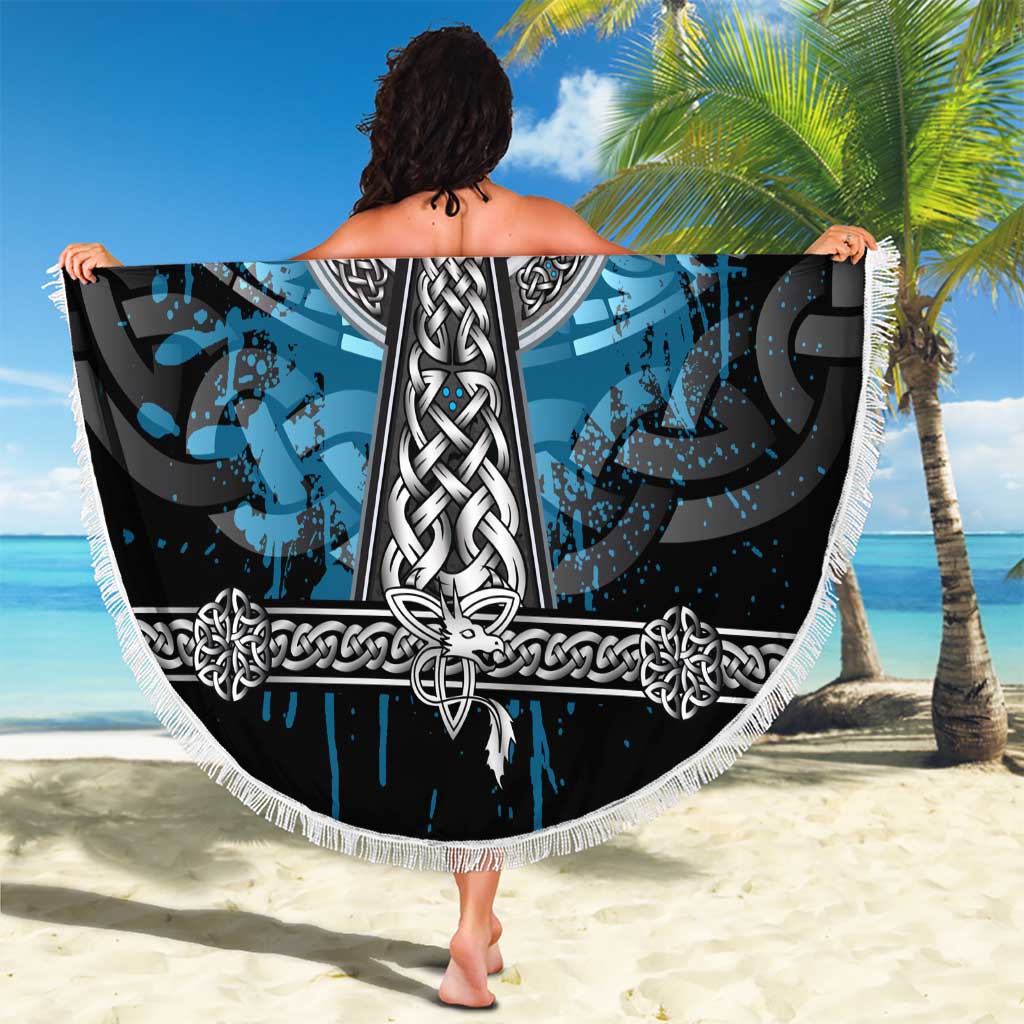 Thor Hammer Viking Beach Blanket with Celtic Knots and Blue Splatter Norse Heritage Tribute - Wonder Print Shop