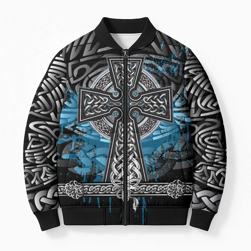 Thor Hammer Viking Bomber Puffer Jacket with Celtic Knots and Blue Splatter Norse Heritage Tribute - Wonder Print Shop