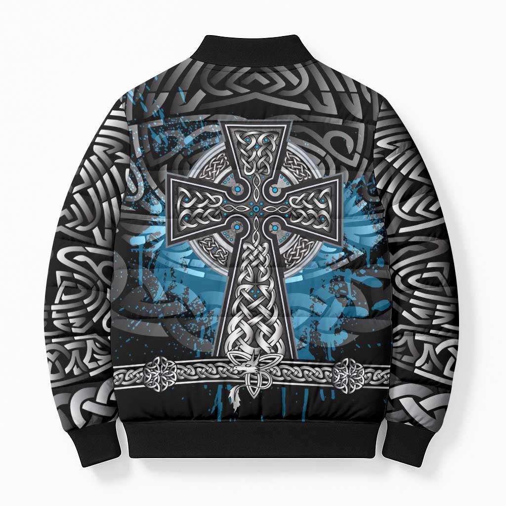 Thor Hammer Viking Bomber Puffer Jacket with Celtic Knots and Blue Splatter Norse Heritage Tribute - Wonder Print Shop