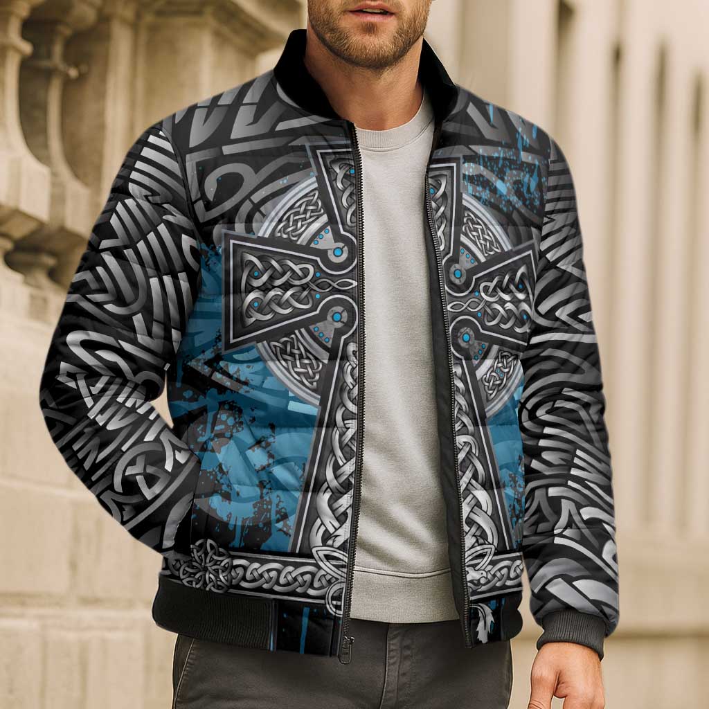 Thor Hammer Viking Bomber Puffer Jacket with Celtic Knots and Blue Splatter Norse Heritage Tribute - Wonder Print Shop