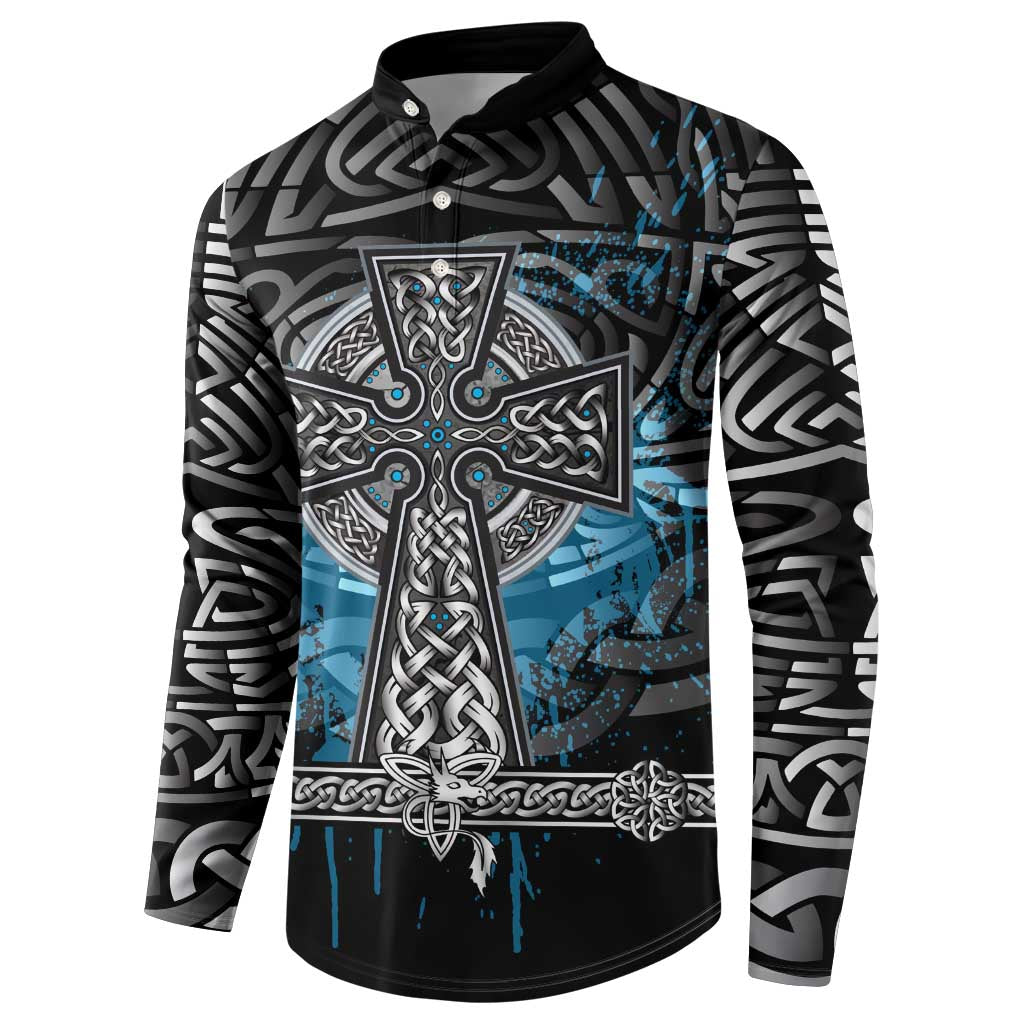 Thor Hammer Viking Button Sweatshirt with Celtic Knots and Blue Splatter Norse Heritage Tribute - Wonder Print Shop