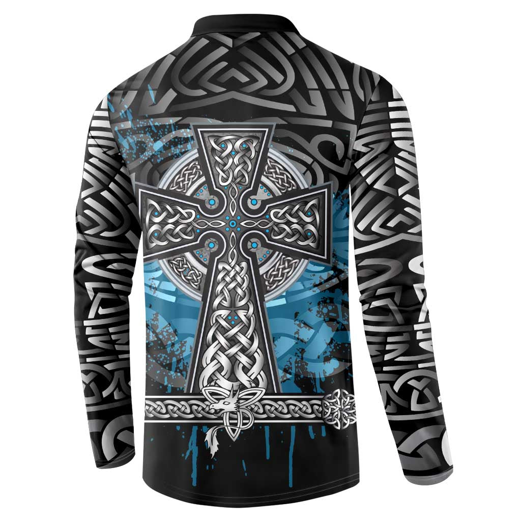 Thor Hammer Viking Button Sweatshirt with Celtic Knots and Blue Splatter Norse Heritage Tribute - Wonder Print Shop