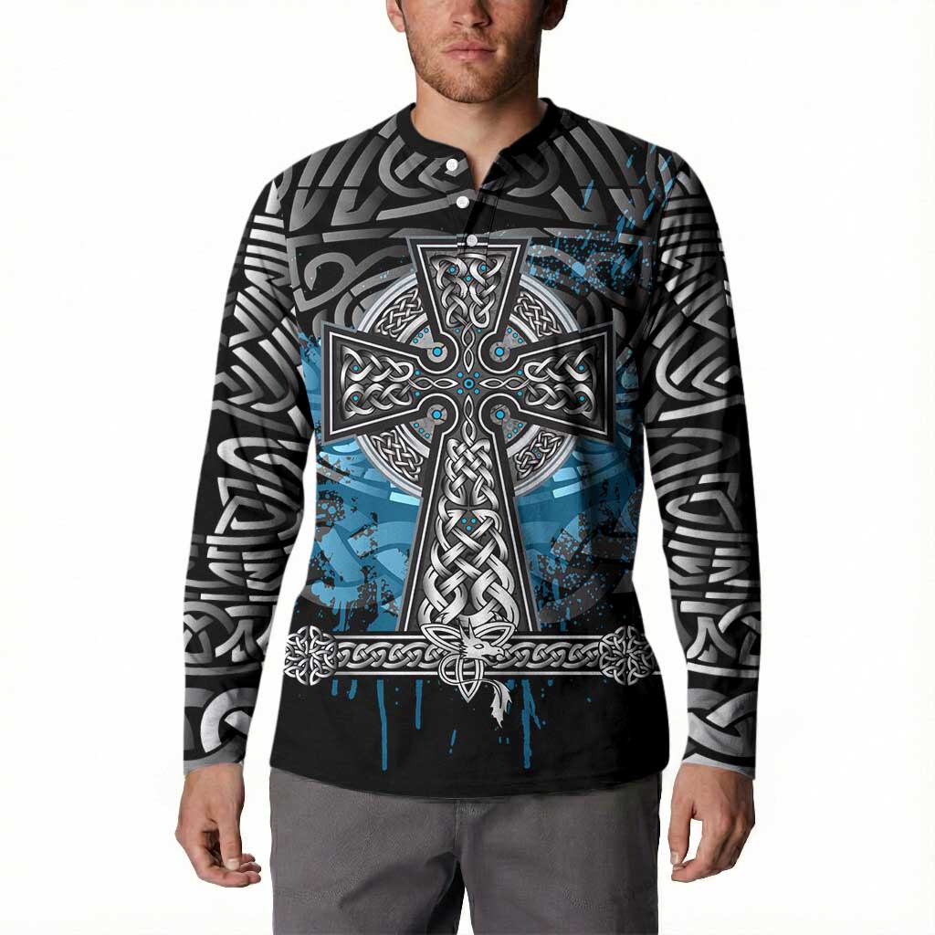 Thor Hammer Viking Button Sweatshirt with Celtic Knots and Blue Splatter Norse Heritage Tribute - Wonder Print Shop