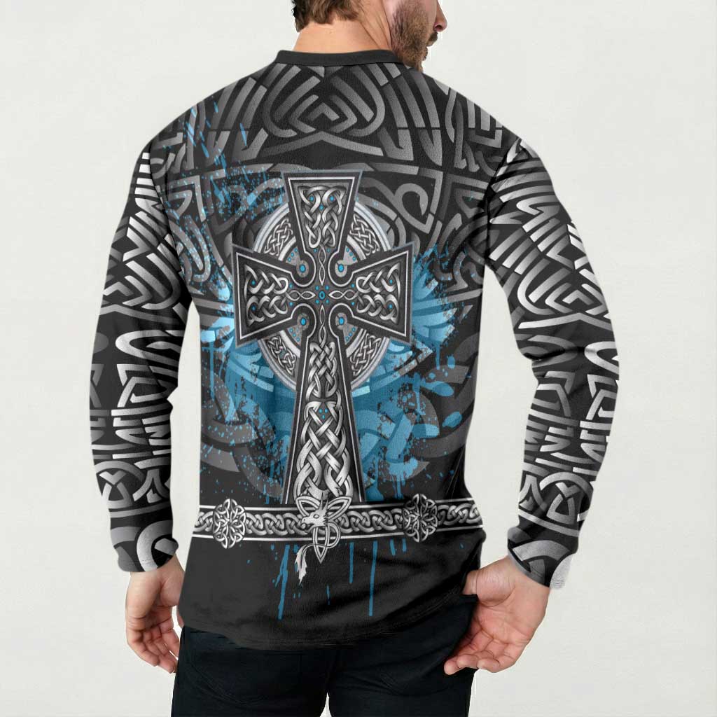 Thor Hammer Viking Button Sweatshirt with Celtic Knots and Blue Splatter Norse Heritage Tribute - Wonder Print Shop
