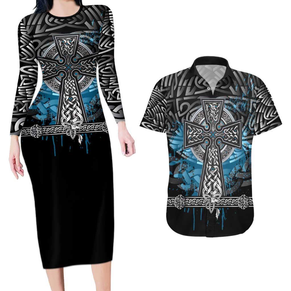 Thor Hammer Viking Couples Matching Long Sleeve Bodycon Dress and Hawaiian Shirt with Celtic Knots and Blue Splatter Norse Heritage Tribute - Wonder Print Shop