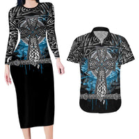 Thor Hammer Viking Couples Matching Long Sleeve Bodycon Dress and Hawaiian Shirt with Celtic Knots and Blue Splatter Norse Heritage Tribute - Wonder Print Shop