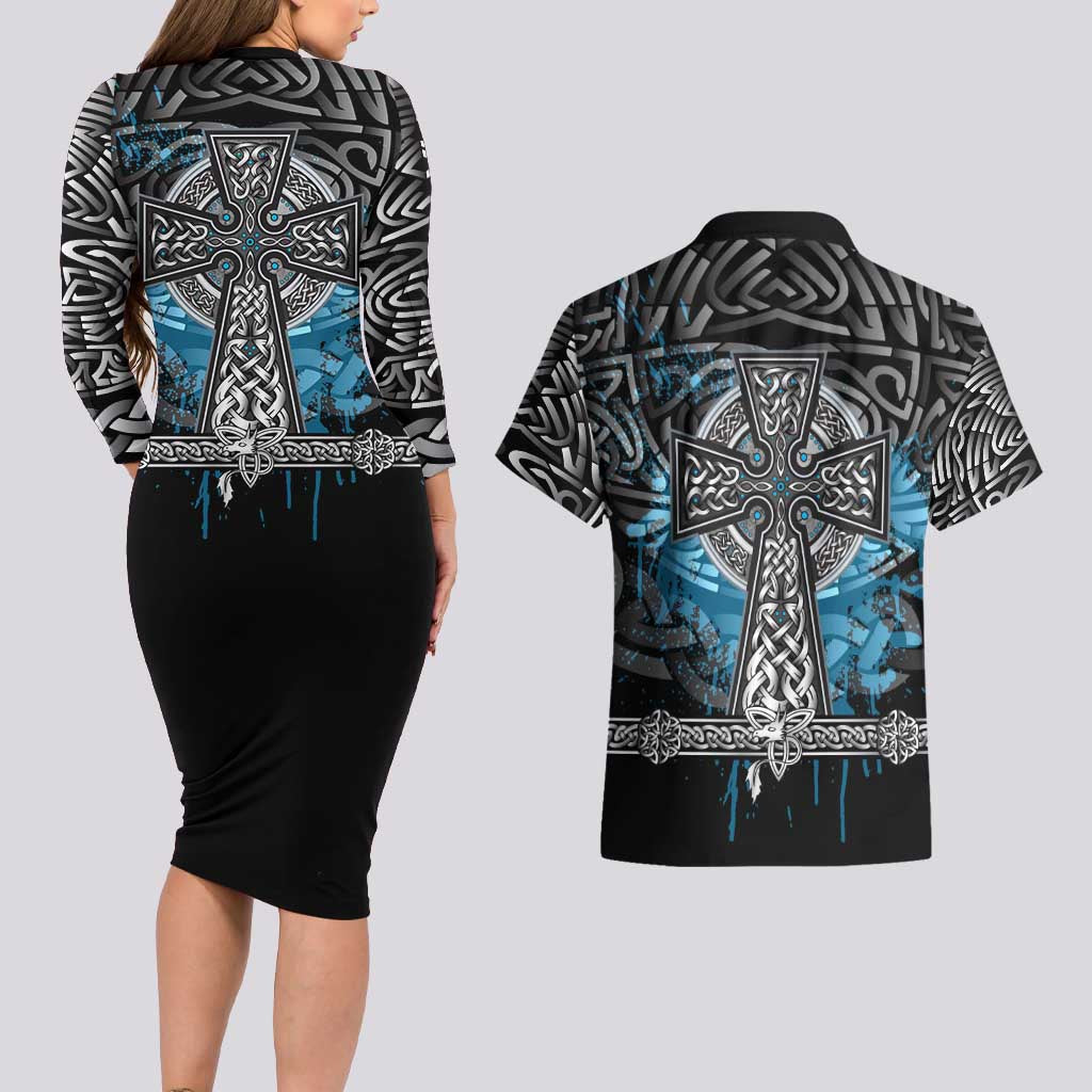 Thor Hammer Viking Couples Matching Long Sleeve Bodycon Dress and Hawaiian Shirt with Celtic Knots and Blue Splatter Norse Heritage Tribute - Wonder Print Shop