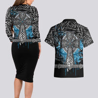 Thor Hammer Viking Couples Matching Long Sleeve Bodycon Dress and Hawaiian Shirt with Celtic Knots and Blue Splatter Norse Heritage Tribute - Wonder Print Shop
