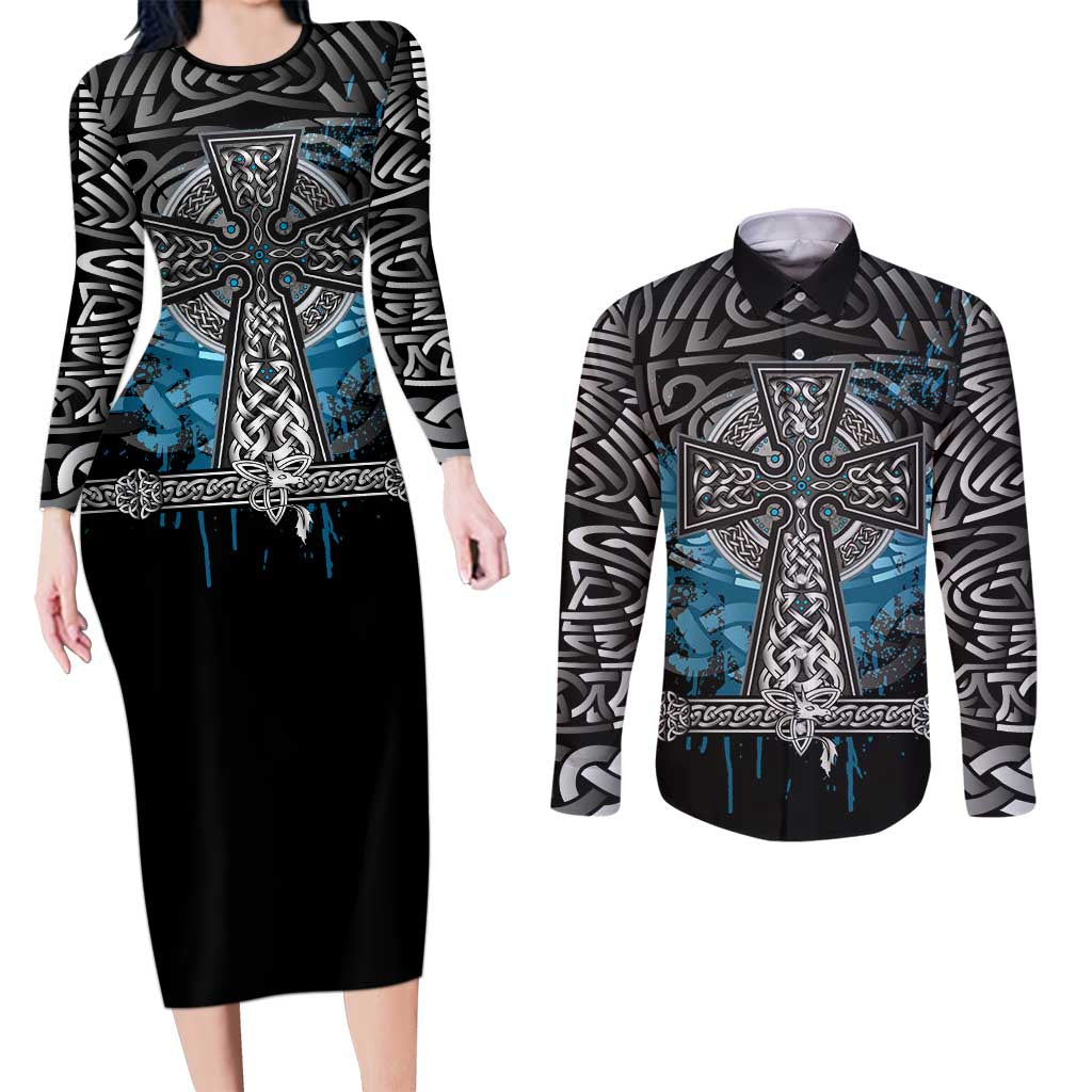Thor Hammer Viking Couples Matching Long Sleeve Bodycon Dress and Long Sleeve Button Shirt with Celtic Knots and Blue Splatter Norse Heritage Tribute - Wonder Print Shop