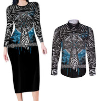 Thor Hammer Viking Couples Matching Long Sleeve Bodycon Dress and Long Sleeve Button Shirt with Celtic Knots and Blue Splatter Norse Heritage Tribute - Wonder Print Shop