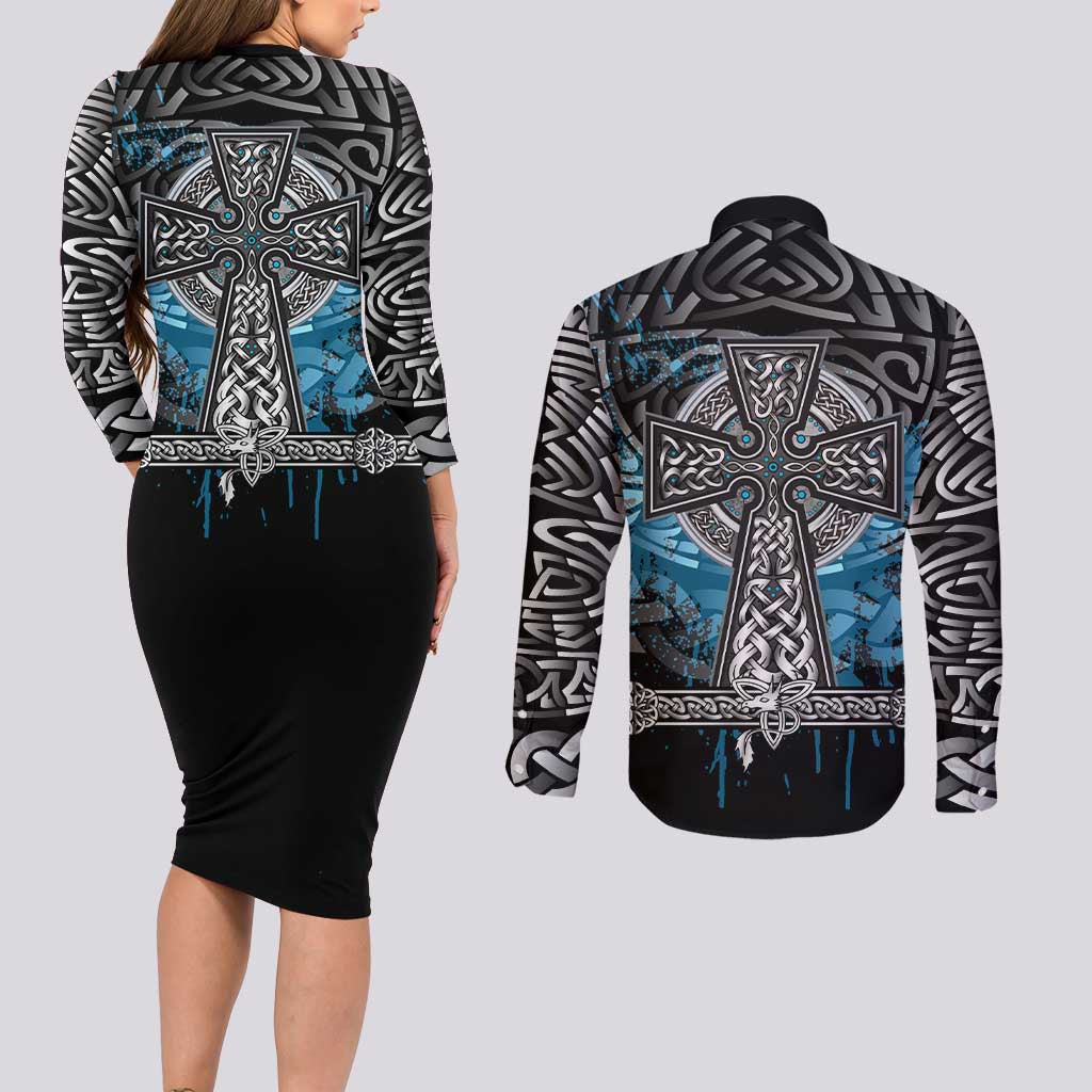 Thor Hammer Viking Couples Matching Long Sleeve Bodycon Dress and Long Sleeve Button Shirt with Celtic Knots and Blue Splatter Norse Heritage Tribute - Wonder Print Shop