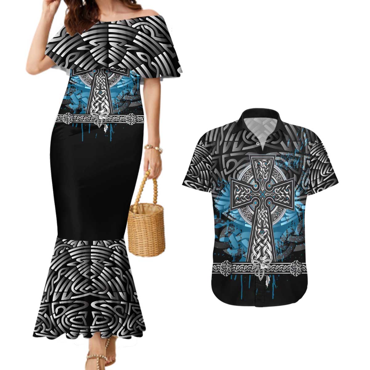 Thor Hammer Viking Couples Matching Mermaid Dress and Hawaiian Shirt with Celtic Knots and Blue Splatter Norse Heritage Tribute - Wonder Print Shop