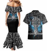 Thor Hammer Viking Couples Matching Mermaid Dress and Hawaiian Shirt with Celtic Knots and Blue Splatter Norse Heritage Tribute - Wonder Print Shop