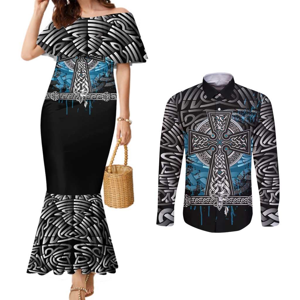 Thor Hammer Viking Couples Matching Mermaid Dress and Long Sleeve Button Shirt with Celtic Knots and Blue Splatter Norse Heritage Tribute - Wonder Print Shop