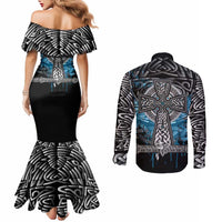 Thor Hammer Viking Couples Matching Mermaid Dress and Long Sleeve Button Shirt with Celtic Knots and Blue Splatter Norse Heritage Tribute - Wonder Print Shop